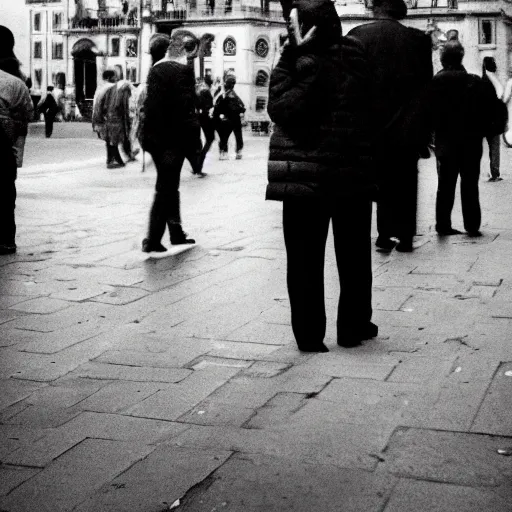 Prompt: A photograph of surrealist street photography in the style of Henri Cartier Bresson, shallow depth of field, wide-angle lens, portra 400