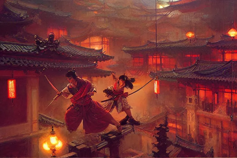 Image similar to wuxia, fight on the roof, neon light, painting by gaston bussiere, craig mullins, j. c. leyendecker