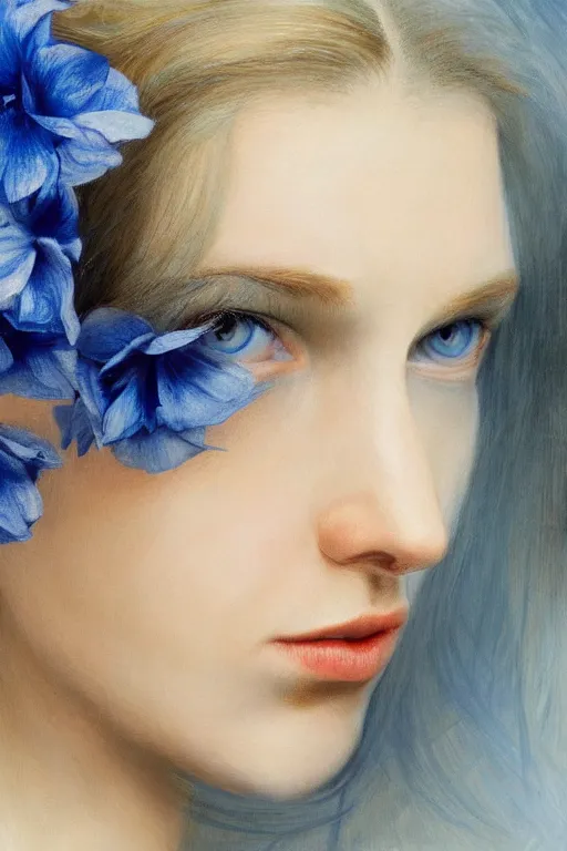 Prompt: hyperrealism extreme close-up portrait of queen in blue paint, flowers in hair, pale skin, dark blue eyes, in style of classicism