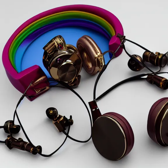 Image similar to masterpiece photo of beautiful crafted artistic bismuth metal headphones, bismuth rainbow metal, bismuth cups, leather padding, displayed on mahogany desk, modernist headphones, bismuth headphones beautiful well designed, hyperrealistic, audiophile, intricate hyper detail, extreme high quality, photographic, meze audio, sennheiser, hifiman, artstation, abyssal audio