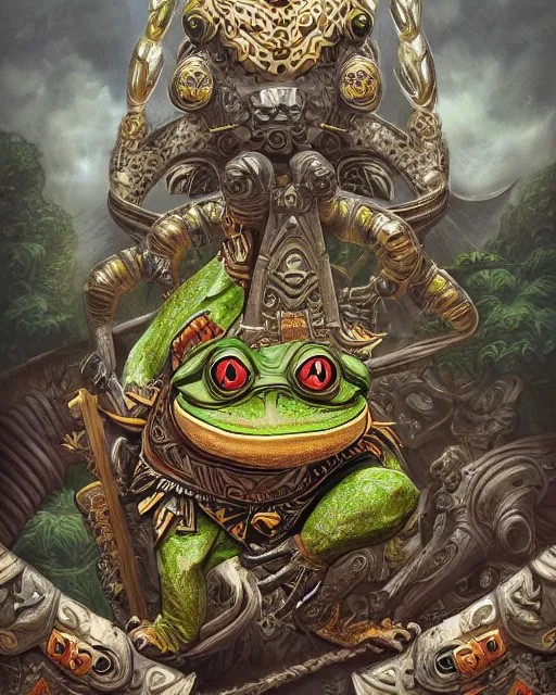 Prompt: digital painting of a gigantic aztec frog warrior wearing ornate armor by filipe pagliuso and justin gerard, symmetric, fantasy, detailed, intricate, portrait, sharp focus, tarot card, handsome, gwent