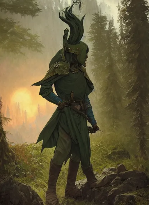 Image similar to elven soldier wearing a dark green tunic with a shield on his back standing at a forest looking for adventure in the mountains, tall trees, landscape is lush, moody sunset in background, greg rutkowski, alphonse mucha, trending on artstation, artgerm, unreal engine, breathtaking, award winning, highly detailed