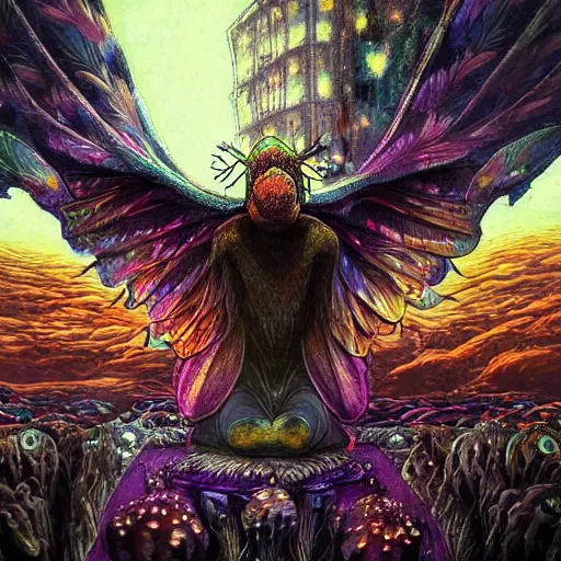 Image similar to 8K Portrait of centered chest up of a psychedelic godlike mothman with giant mandala wings smoking a hand-rolled cigarette smoking heavily , magic mushroom village in background , post-processing , award winning. superb resolution. in the art style of junji Ito and greg rutkowski . Detailed Mushroom city in background. Hyper realistic anime. Perfect art. Dalle2