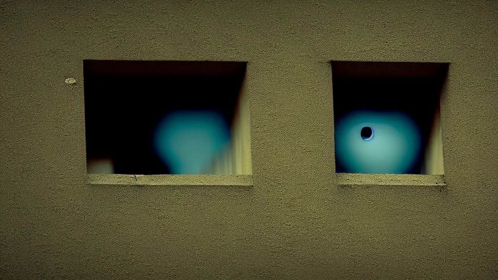 Image similar to a strange creature looks into your window, film still from the movie directed by Denis Villeneuve with art direction by Zdzisław Beksiński, close up, telephoto lens, shallow depth of field