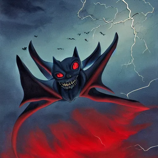 Image similar to detailed full body of scary giant mutant dark blue humanoid anthropomorphic bat, glowing red eyes flying above a stormy ocean, sharp teeth, acid leaking from mouth, realistic, giant, bat ears, bat nose, bat claws, bat wings, furred, covered in soft fur, detailed, 85mm f/1.4