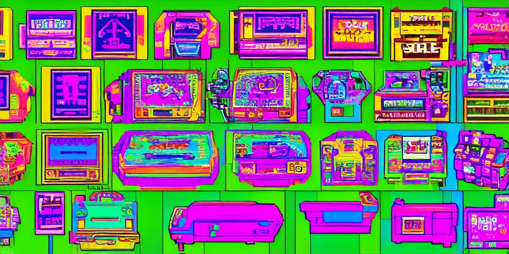 Prompt: 1980s arcade game sprites neon colors