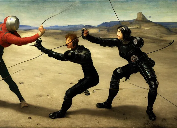 Prompt: a fencing match on the moon by edgar maxence and caravaggio and michael whelan and delacroix style, artistic, intricate painting, cinematic lighting, hyper realistic, extremely detailed, establishing shot, 8 k resolution, dramatic lighting