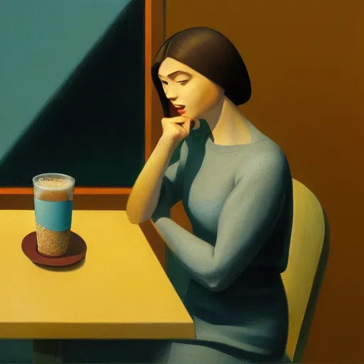 Image similar to Jesus Christ drinking coffee at a Starbucks, Masterpiece, Edward Hopper and James Gilleard, Zdzislaw Beksinski, Mark Ryden, Wolfgang Lettl, hints of Yayoi Kasuma, octane render, 8k.