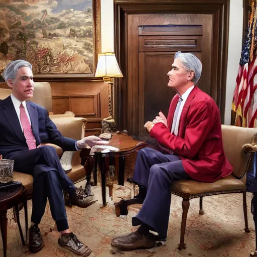 Image similar to Jerome Powell talking with clowns, full body, photo realistic, highly-detailed