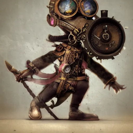 Image similar to rat warrior with steampunk goggles, clockwork, octane render, epic, cinematic, psychedelic, lsd, by ruan jia