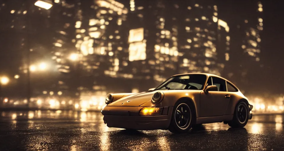 Image similar to close up macro shot of a porsche 9 1 1 car on wet city street at night, intricate, hyper detailed, smooth, high contrast, neon, volumetric lighting, octane, moebius, greg rutkowski, blade runner, ripley scott, cindmatic