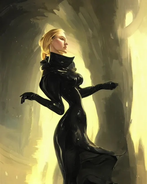 Image similar to detailed portrait of beautiful lady in black coat, seductive confident pose, attractive feminine curves, intricate, futuristic, elegant cape, elegant, photorealism, trending on artstation, holy halo, advanced technology, art by moebius and vitaly bulgarov and peter mohrbacher