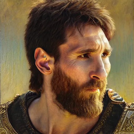 Image similar to attractive lionel messi as attractive king arthur pendragon, natural lighting, high quality, very detailed painting, by gaston bussiere, donato giancola, j. c. leyendecker