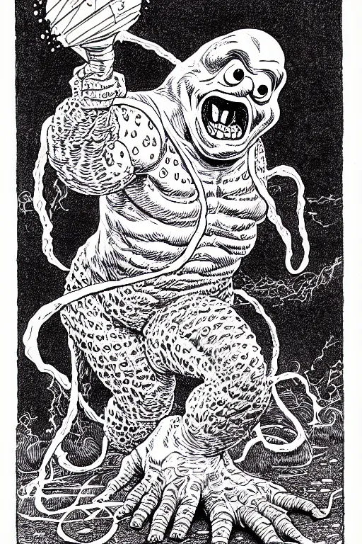 Prompt: slimer ghost as a d & d monster, full body, pen - and - ink illustration, etching, by russ nicholson, david a trampier, larry elmore, 1 9 8 1, hq scan, intricate details, inside stylized border