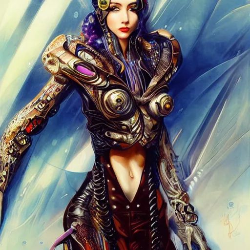 Image similar to a full body beautiful woman wearing a cyberpunk outfit by karol bak, ayami kojima, artgerm, sakimichan, arabian beauty, blue eyes, smile, concept art, fantasy