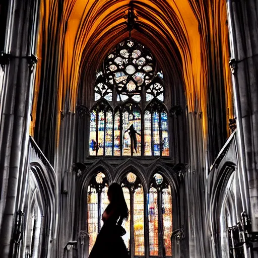 Image similar to 1 8 mm gothic girl dressed in black, behind her a gothic cathedral, dramatic lights, dark ambients, the windows of the cathedral are reflecting red flame lights, golden hour, detailed face, intricate ornaments