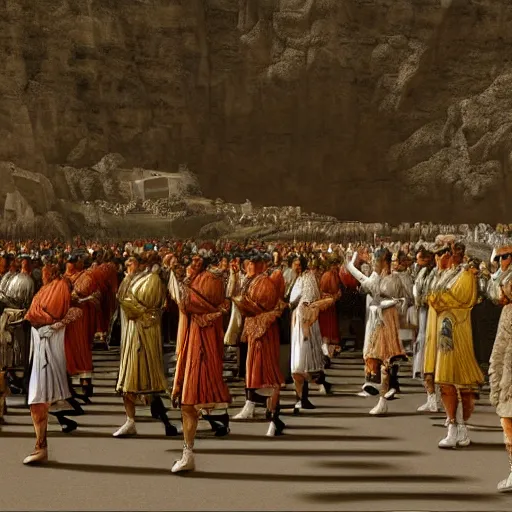 Prompt: street scene of caesar augustus ’ army marching, 3 d render ultra - high definition, opulent, epic, massive landscape