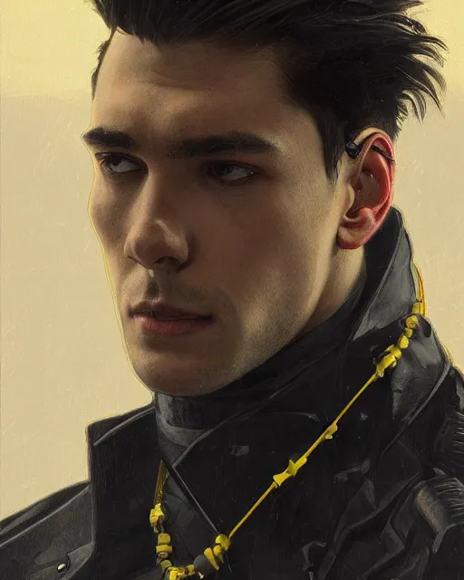 Image similar to '' Face portrait of a young handsome detective with a black leather coat, yellow eyes, neck chains, short hair , sci-fy, cyber punk, high detail, digital painting, artstation, concept art, sharp focus, illustration, art by greg rutkowski and alphonse mucha ''