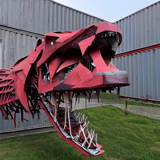 Prompt: photograph of a tyrannosaurus made of shipping containers, recycled shipping container sculpture