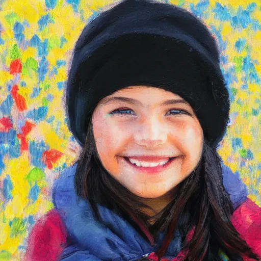 Image similar to painting of a girl with large smile, black color, beanie, impressionist style