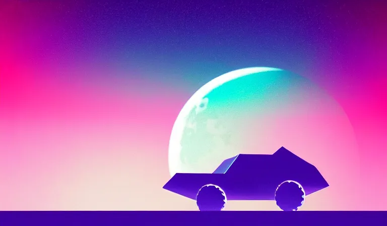 Prompt: a beautiful, sharp focus, and the silhouette of a lunar rover. vaporwave ombre rendering. outrun style. trending on artstation. recommended for you behance. by chris moore. beeple colors. ambient occlusion. digital matte painting. metropolis filmic. gotham city. overcast.