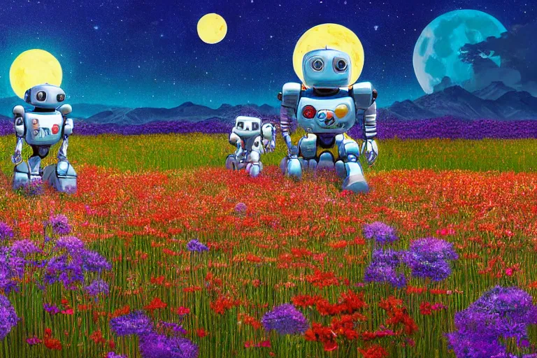 Prompt: beautiful painting ( ( robot dogs ) ) playing in a stunning field of flowers, blue sky, huge multiple moons by phil foglio and vincent dutrait, trending on artstation, hdr