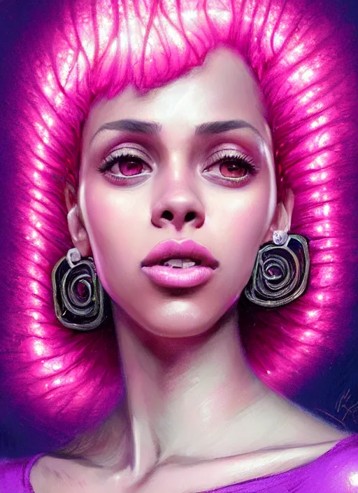 Image similar to portrait of vanessa morgan with bright pink hair, curly pixie cut hair, wearing a purple breton cap, breton cap, hoop earrings, intricate, elegant, glowing lights, highly detailed, digital painting, artstation, concept art, smooth, sharp focus, illustration, art by wlop, mars ravelo and greg rutkowski