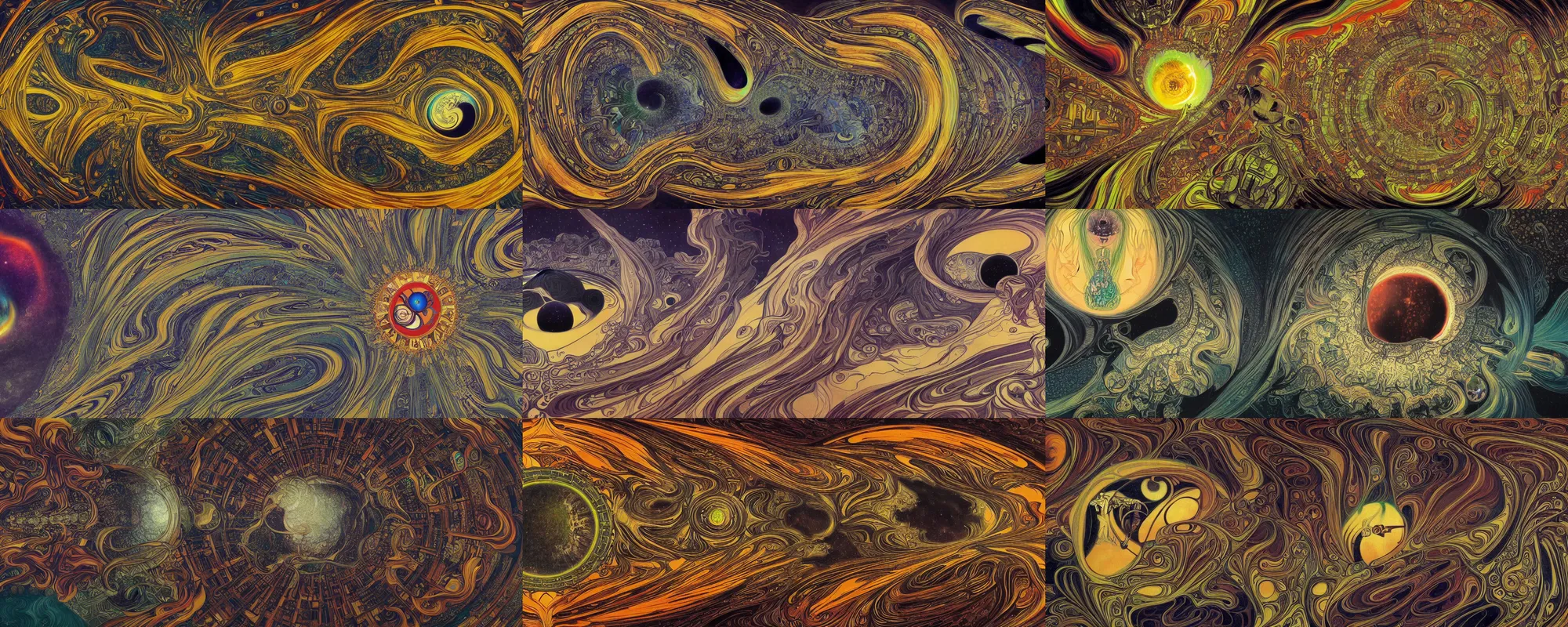 Prompt: infinite fractal surrealist landscape of a black hole sucking up planet, art deco, art style of Alphonse Mucha, alex grey, H.R. Giger and Salvador Dalí, DMT, 4k, artistic masterpiece, trending on artstation