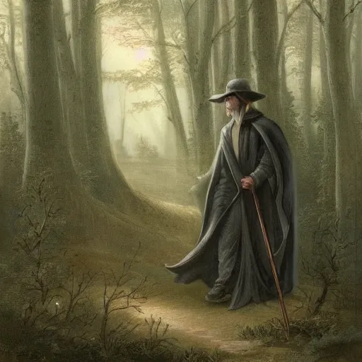 Prompt: a man in a grey cloak and brimmed hat with a staff travelling trough the forest in the style of neo-romanticism