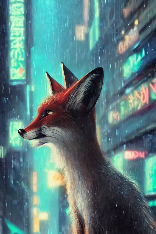 Image similar to beautiful portrait of a tall female anthro fox smoking a cigarette in a bustling crowd of a rainy city street, cyberpunk, harsh neon lights, highly detailed, sharp focus, digital painting, illustration, trending on artstation, art by sakimichan, artgerm
