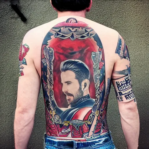 Image similar to a picture of my new back tattoo of chris evans'face by tom of finland