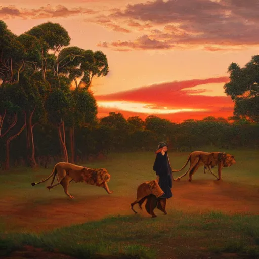 Image similar to high definition oil painting of walking the lion in a park in sydney australia at sunset