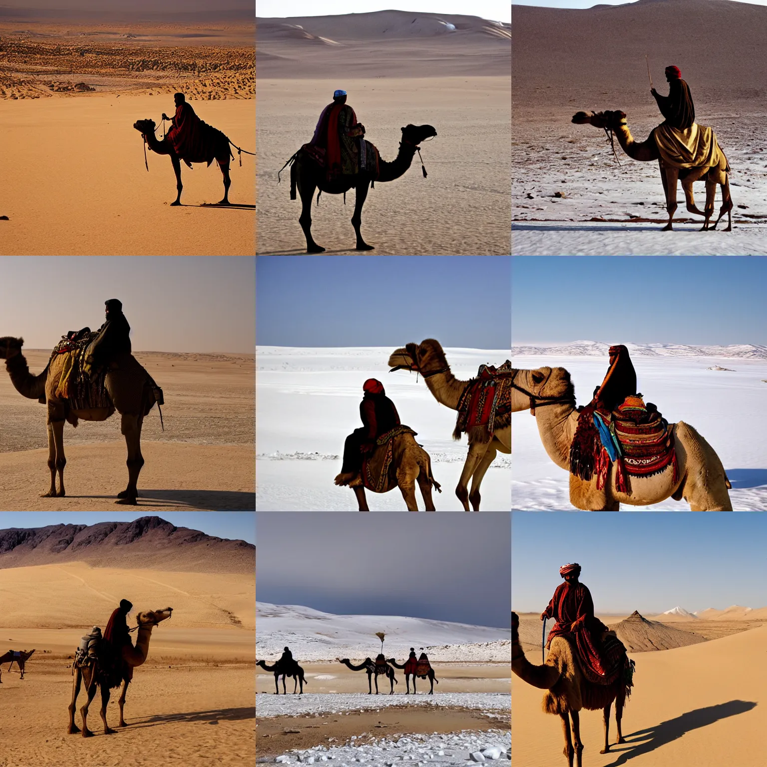 Prompt: a bedouin riding a camel in the arctic