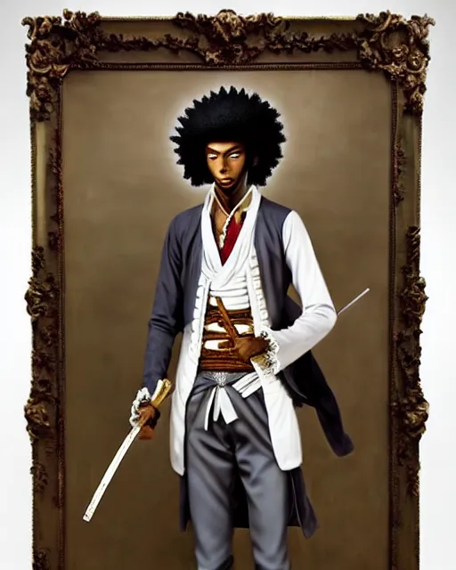 Prompt: afro samurai anime character wearing a beautiful 1 8 th century suit with a tie, rococo style, francois boucher style, highly detailed, very realistic, painterly style