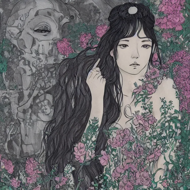 Prompt: young goddess, beautiful symmetrical face detailed face, realistic proportions, wearing a dark grey dress, peering from behind an ( enormous conical pile of skulls )!!! with flowers in the background, lush painting in the style of studio ghibli