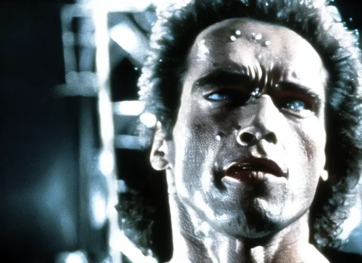 Prompt: arnold schwarzenegger in a still from the movie The Fly (1986)