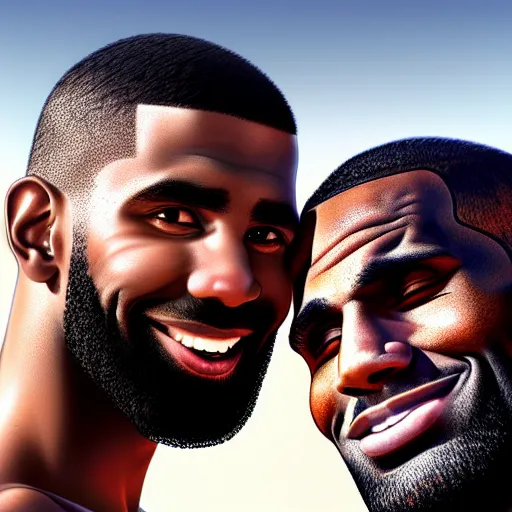 Image similar to beautiful serene intricate portrait of kyrie irving and lebron james taking a selfie, smiling softly, relaxing on the beach, golden hour, soft focus, 8 k, art by irakli nadar, hyperrealism, hyperdetailed, ultra realistic