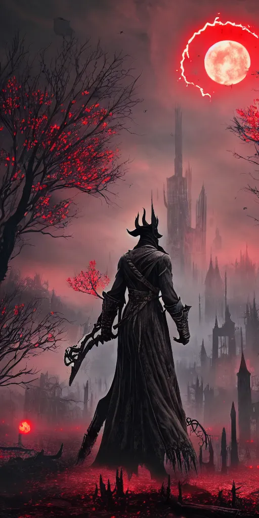 Image similar to abandoned bloodborne old valley with a person at the centre and a ruined gothic city in the background, trees and stars in the background, falling red petals, epic red - orange moonlight, perfect lightning, wallpaper illustration by niko delort and kentaro miura, 4 k, ultra realistic