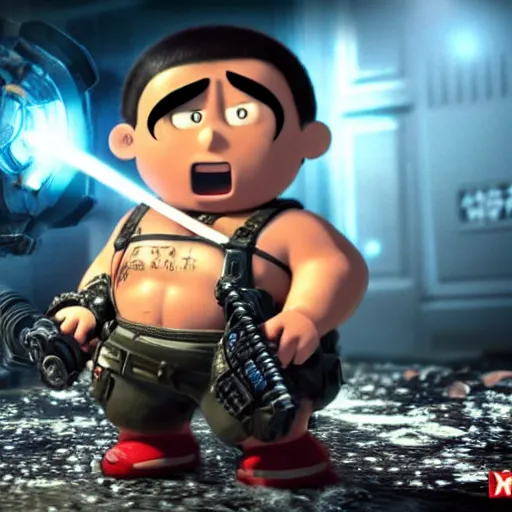 Image similar to shin chan in Gears of War, splash art, movie still, cinematic lighting, dramatic, octane render, long lens, shallow depth of field, bokeh, anamorphic lens flare, 8k, hyper detailed, 35mm film grain