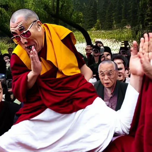 Prompt: furious screaming dalai lama punches the camera