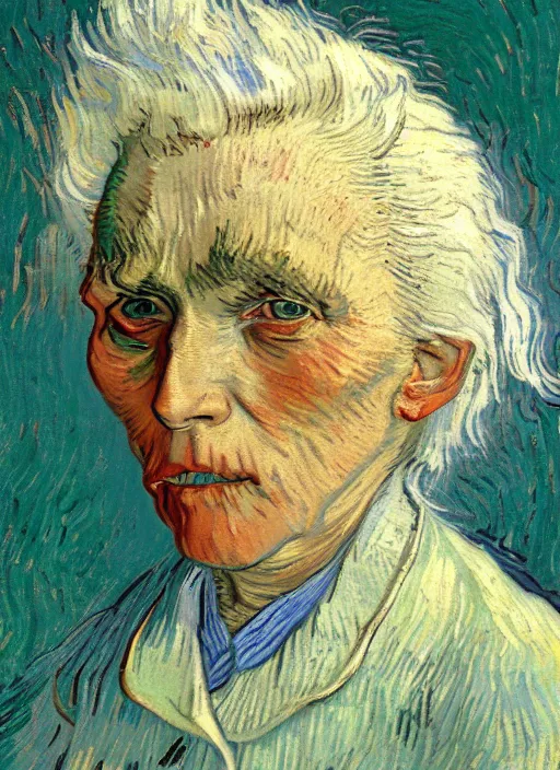 Image similar to portrait of a tired old woman with white hair by van gogh, detailed face, symmetrical painting, beautiful expressionist oil painting masterpiece, 8 k resolution, smooth, sharp focus, pastel color palette, trending on artstation