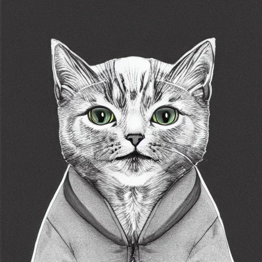 Image similar to cat, by ralph steadman, ambient occlusion, with a hoodie