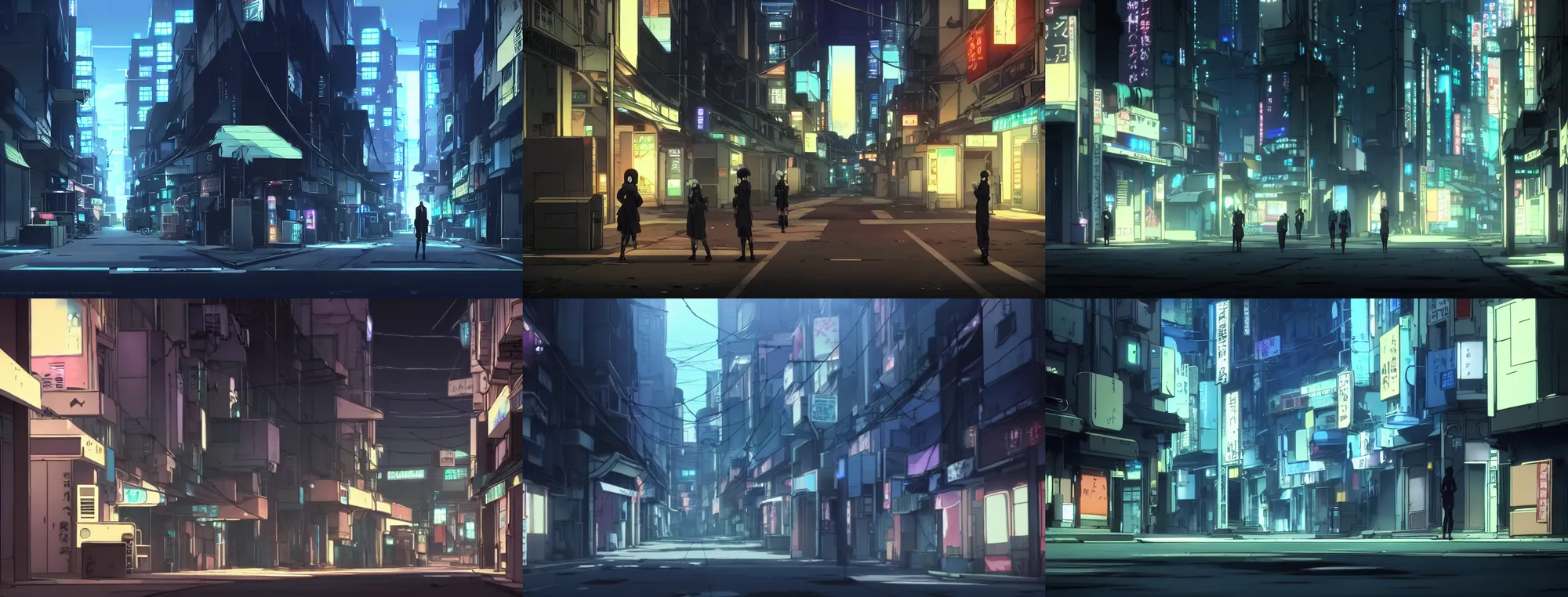 Prompt: a quiet city street in the atmospheric cyberpunk anime film, at night with neon lights, by makoto shinkai, in the anime film ergo proxy