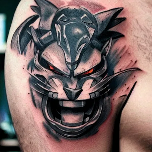 Image similar to a tatoo of rengar from league of legends,