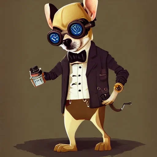 Prompt: ripped physique goggles collar Man Steampunk portrait Sherlock Patrick Bateman snout Detective Anthropomorphic furry fuzzy fashion vogue Chihuahua man wearing a Chihuahua costume wearing an engineer gnome costume gerald brom bastien grivet greg rutkowski norman rockwell portrait face head snout ears eyes illustration tombow