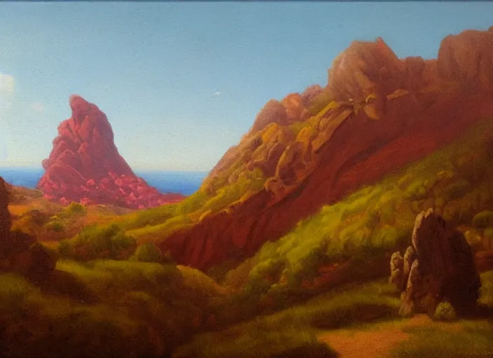 Image similar to la montana roja, tenerife in the style of hudson river school of art, oil on canvas