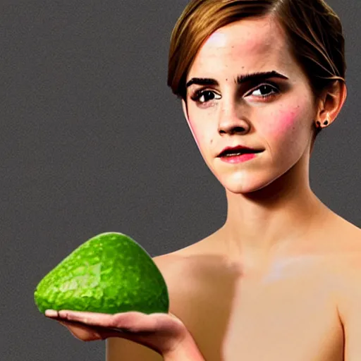 Image similar to photograph of emma watson with green avocado skin, anthropomorphic, photoshop