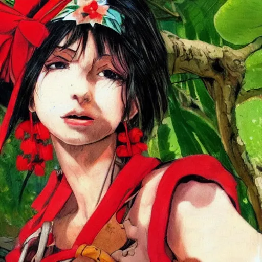 Image similar to a simon bisley of reimu in the jungle wearing bonnet