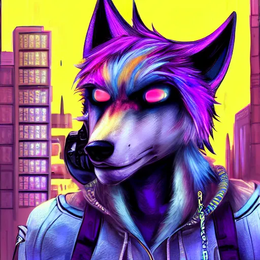 Image similar to beautiful commission digital art portrait commission of an androgynous furry anthro wolf wearing punk clothes in the streets of a cyberpunk city. neon signs. made by zaush, rick griffin, tessgarman, angiewolf, miles df, smileeeeeee, ethrk, fa, furraffinity