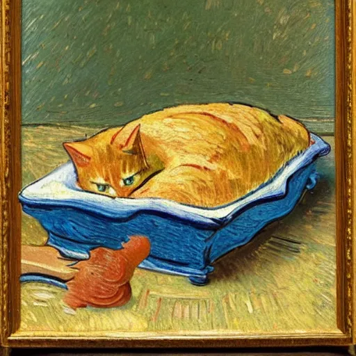 Prompt: an oil painting of a cat baking cookies in the style of van gogh, matisse, caravaggio and raphael